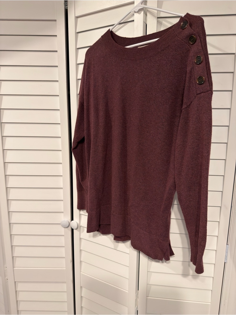 LOFT Button-Shoulder Knit Sweater in Plum